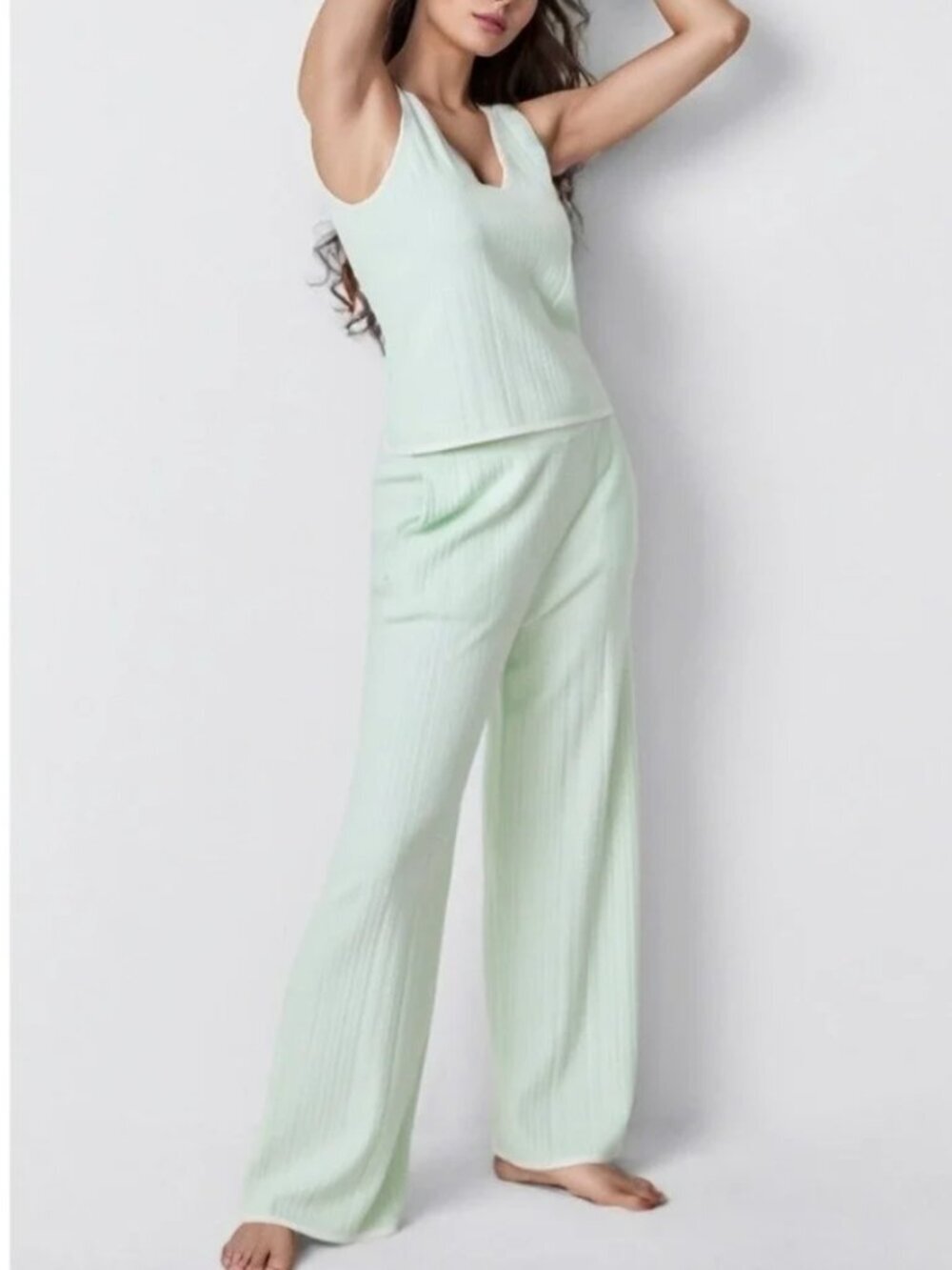 State of Day Women 2Pc Pajama Lounge Set Mint Ribbed Tank Wide Leg PJs XXL NWT
